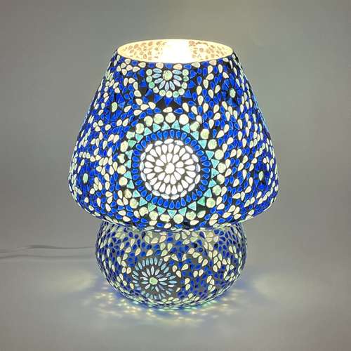 Handgefertigte Glasmosaik-Tischlampe Blue Moon – Pilz