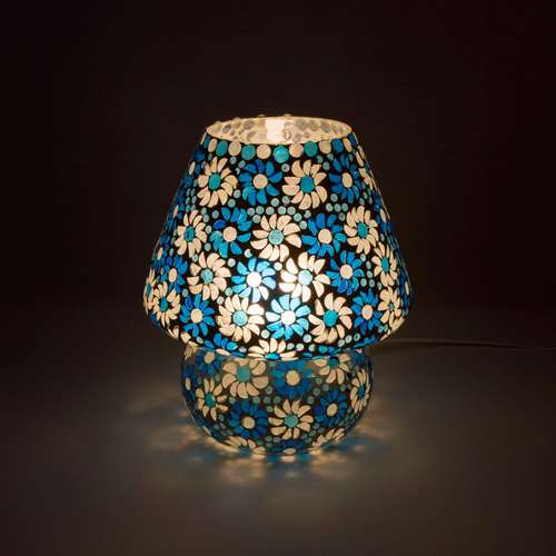 Handgefertigte Glasmosaik-Tischlampe „Light Blue Daisy“ – Pilzform, E27-Fassung