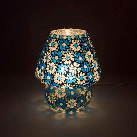 Handgefertigte Glasmosaik-Tischlampe „Light Blue Daisy“ – Pilzform, E27-Fassung