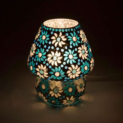 Handgefertigte Glasmosaik-Tischlampe „Light Blue Daisy“ – Pilz