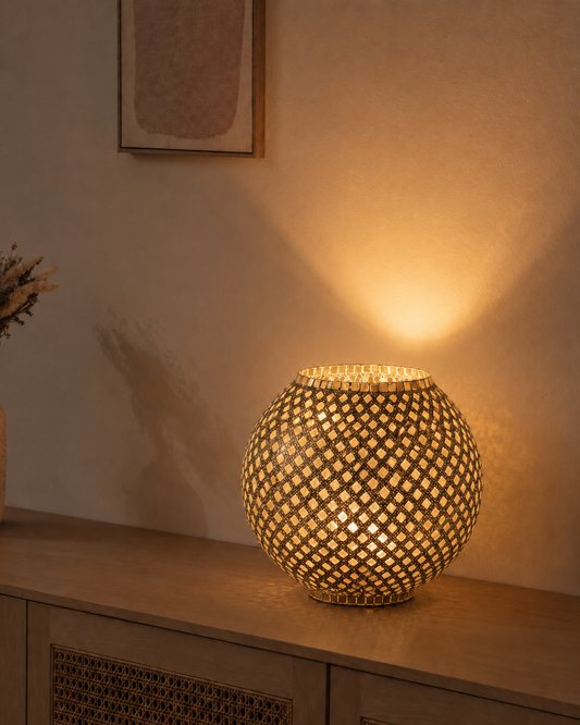 Handgefertigte Glasmosaik-Tischlampe Gold Reflection – Oval