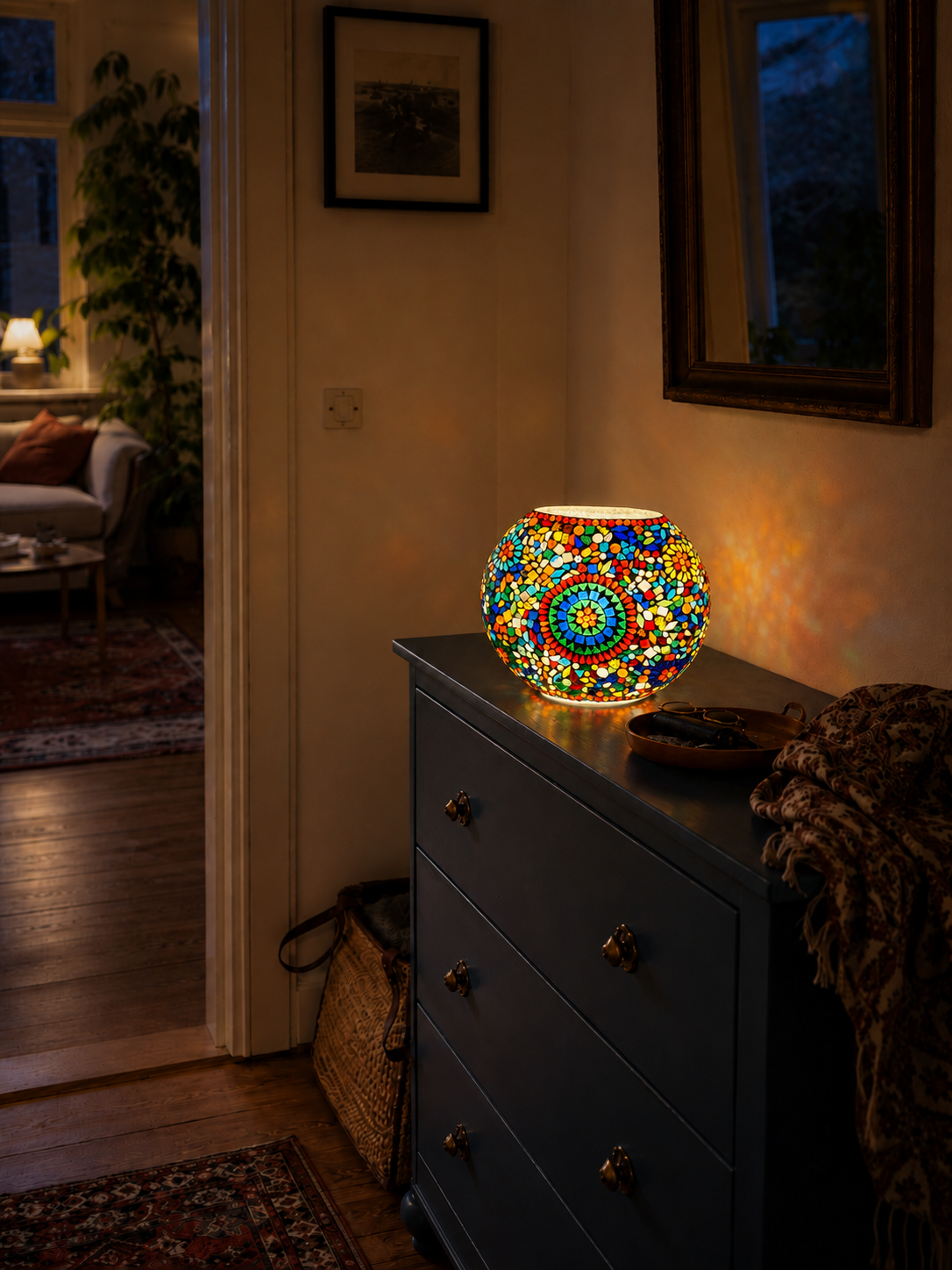 Handgefertigte Glasmosaik-Tischlampe Rainbow – Oval