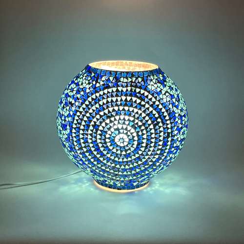 Handgefertigte Glasmosaik-Tischlampe „Blue Sauna“ – Oval