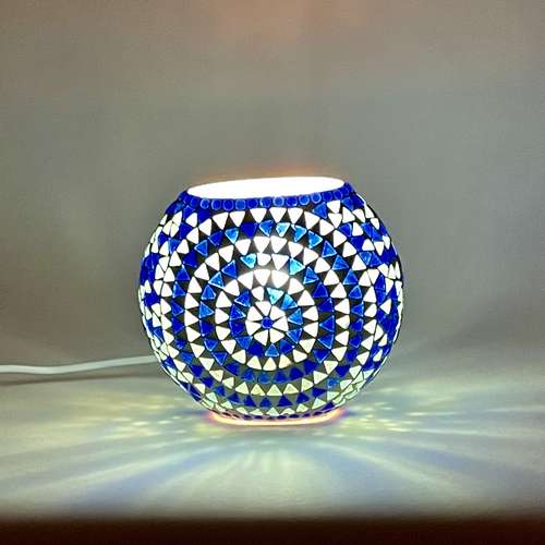 Handgefertigte Glasmosaik-Tischlampe „Blue Sauna“ – Ovalform, E27-Fassung