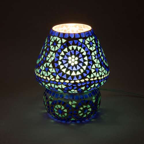 Handgefertigte Glasmosaik-Tischlampe „Blue Sauna“ – Pilzform, E27-Fassung