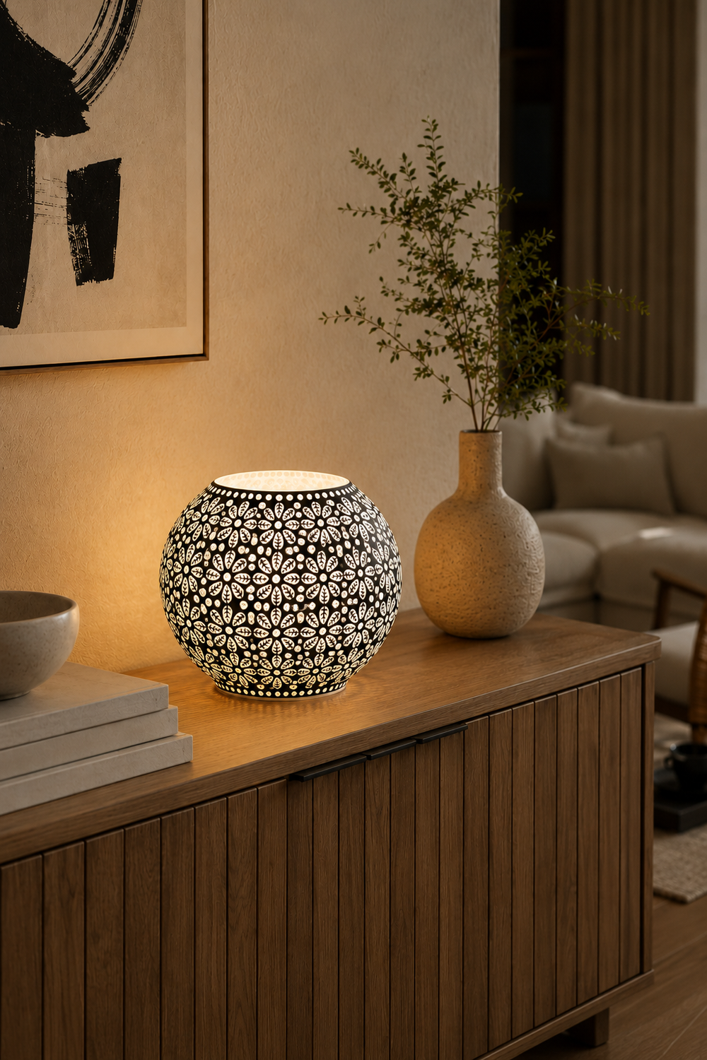 Handgefertigte Glasmosaik-Tischlampe White Daisy – Oval