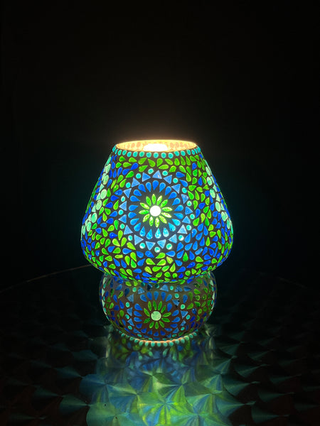 Handgefertigte Glasmosaik-Tischlampe „Blue Moon“ – Pilzform, E27-Fassung