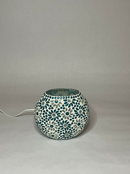 Handgefertigte Glasmosaik-Tischlampe Light Blue Daisy – Oval