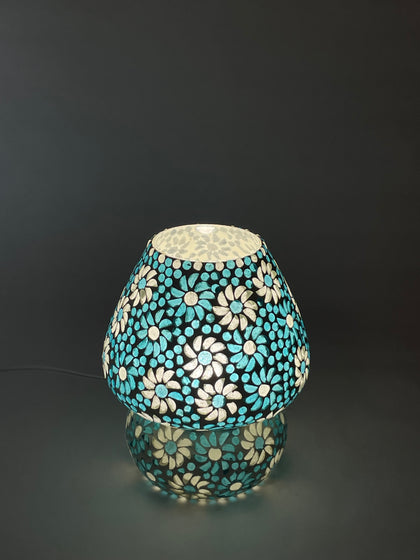 Handgefertigte Glasmosaik-Tischlampe Light Blue Daisy – Pilz