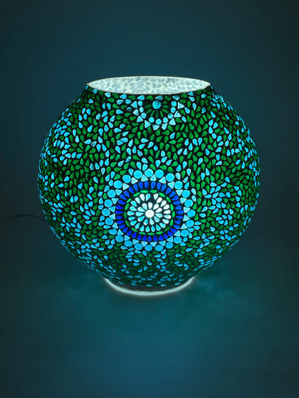 Handgefertigte Glasmosaik-Tischlampe Blue Moon – Oval