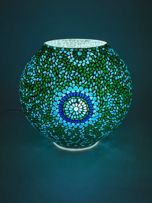 Handgefertigte Glasmosaik-Tischlampe Blue Moon – Oval