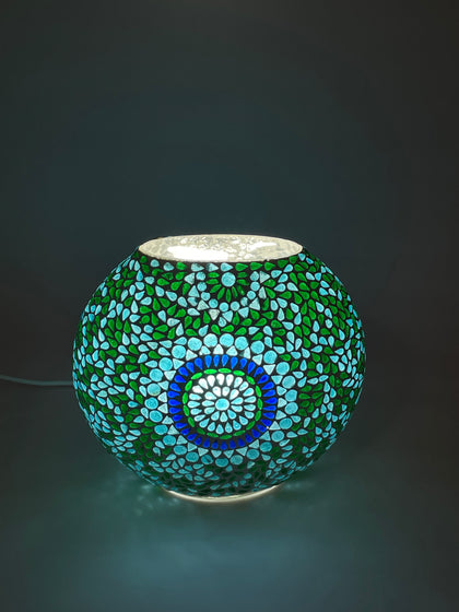 Handgefertigte Glasmosaik-Tischlampe Blue Moon – Oval