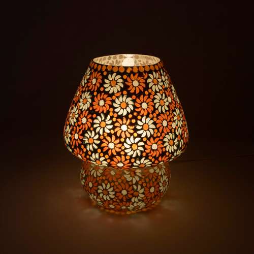 Handgefertigte Glasmosaik-Tischlampe „Orange Blossom“ – Pilzform, E27-Fassung