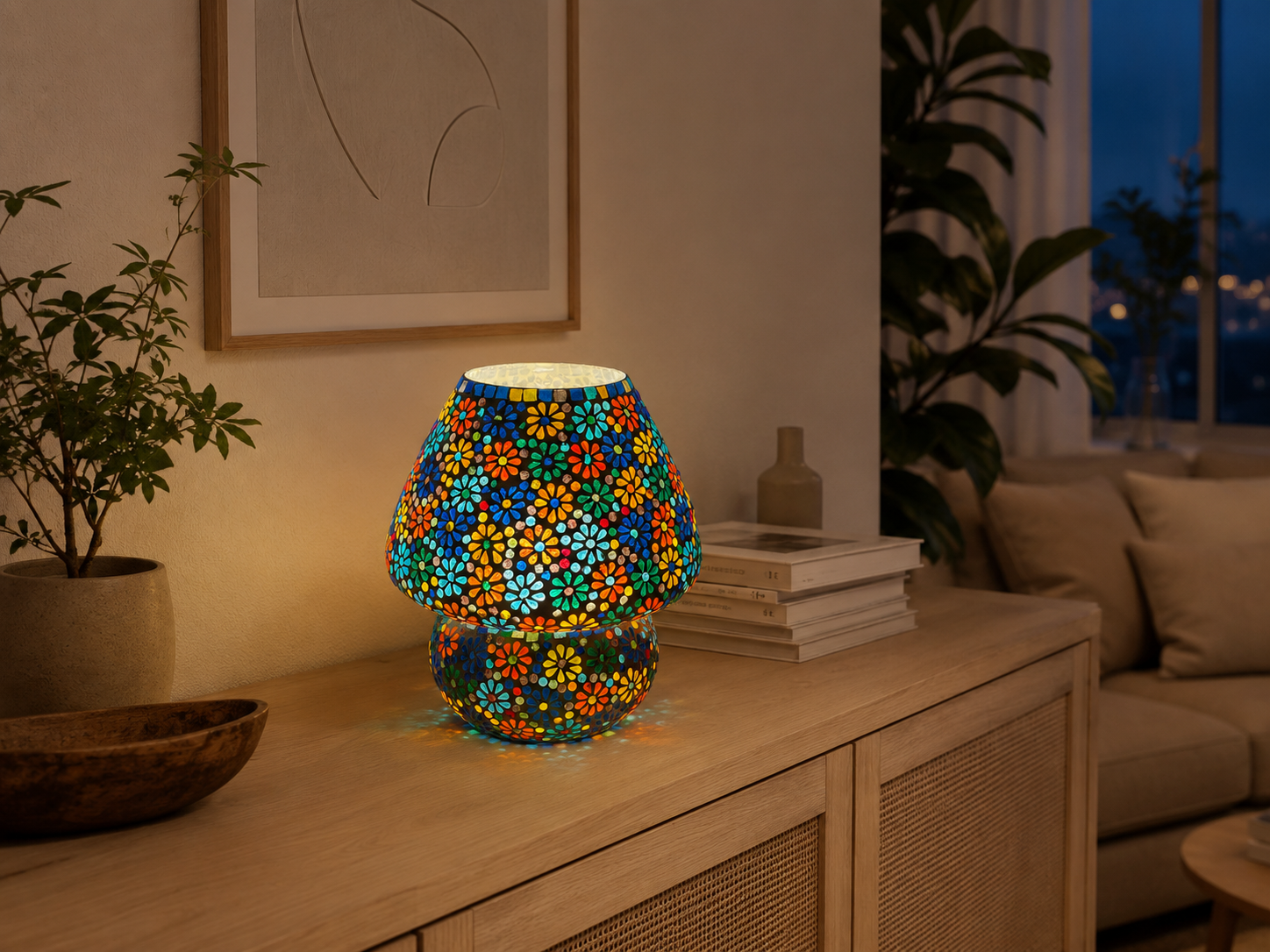 Handgefertigte Glasmosaik-Tischlampe Flower Garden – Pilz