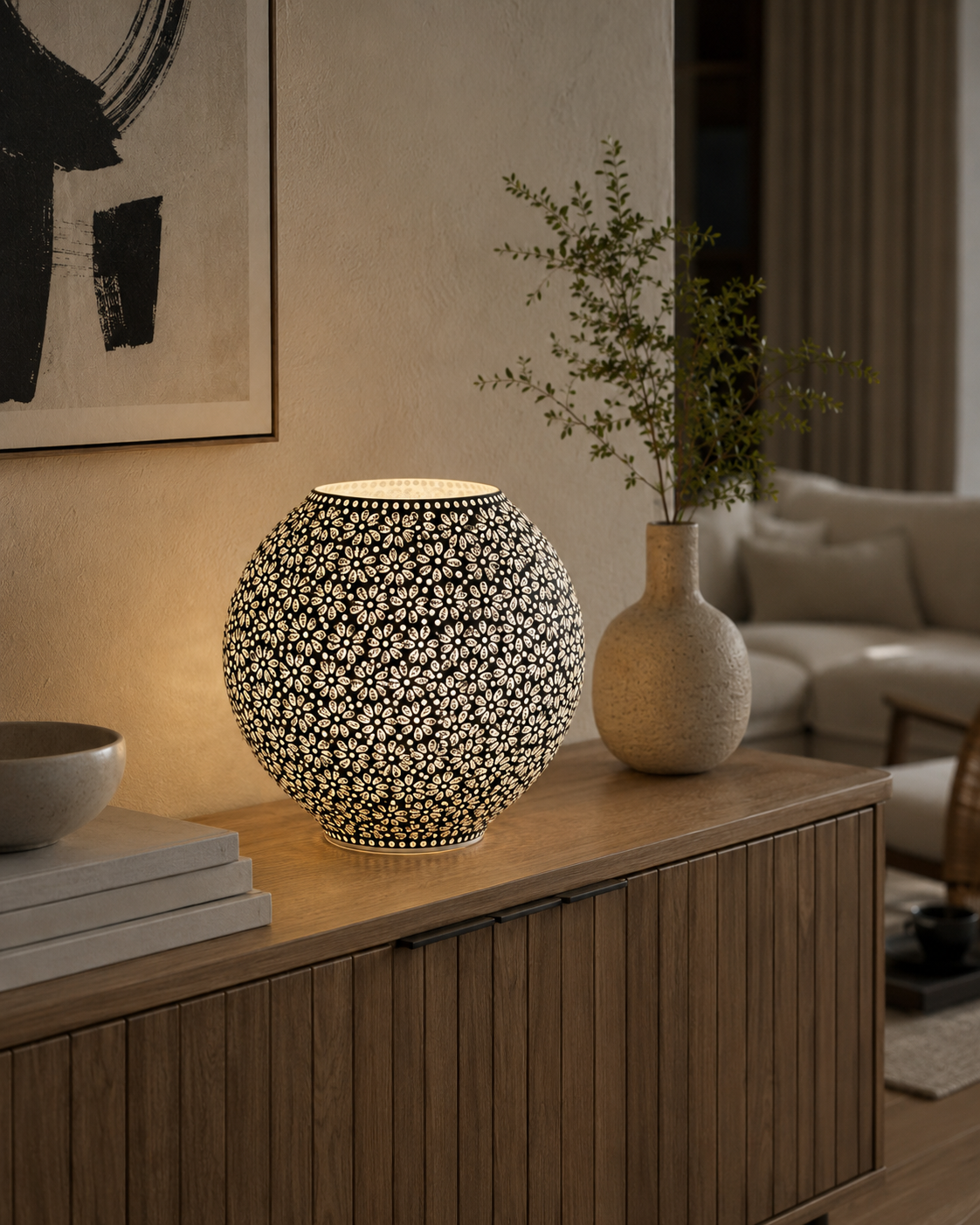 Handgefertigte Glasmosaik-Tischlampe White Daisy – Oval