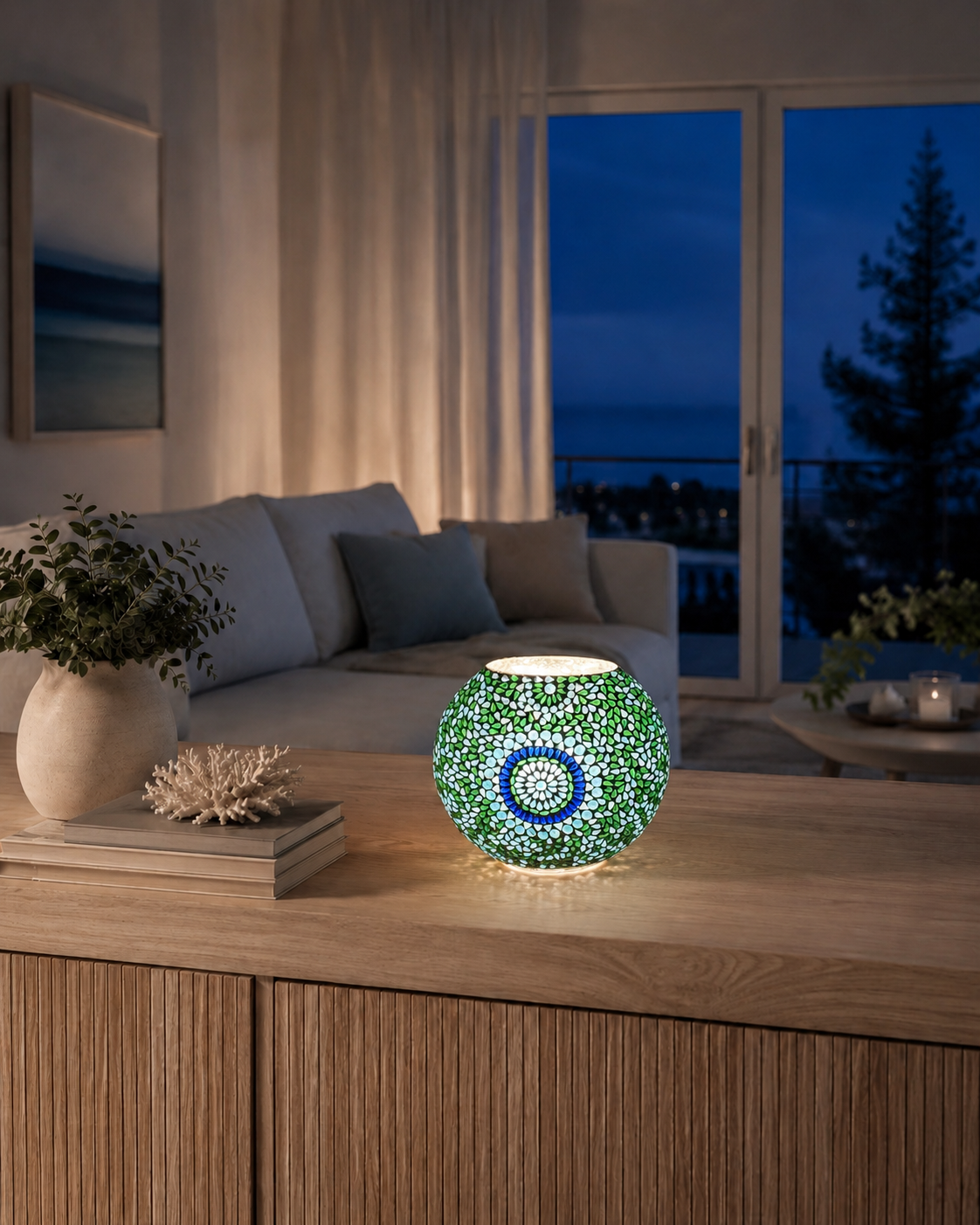Handgefertigte Glasmosaik-Tischlampe Blue Moon – Oval