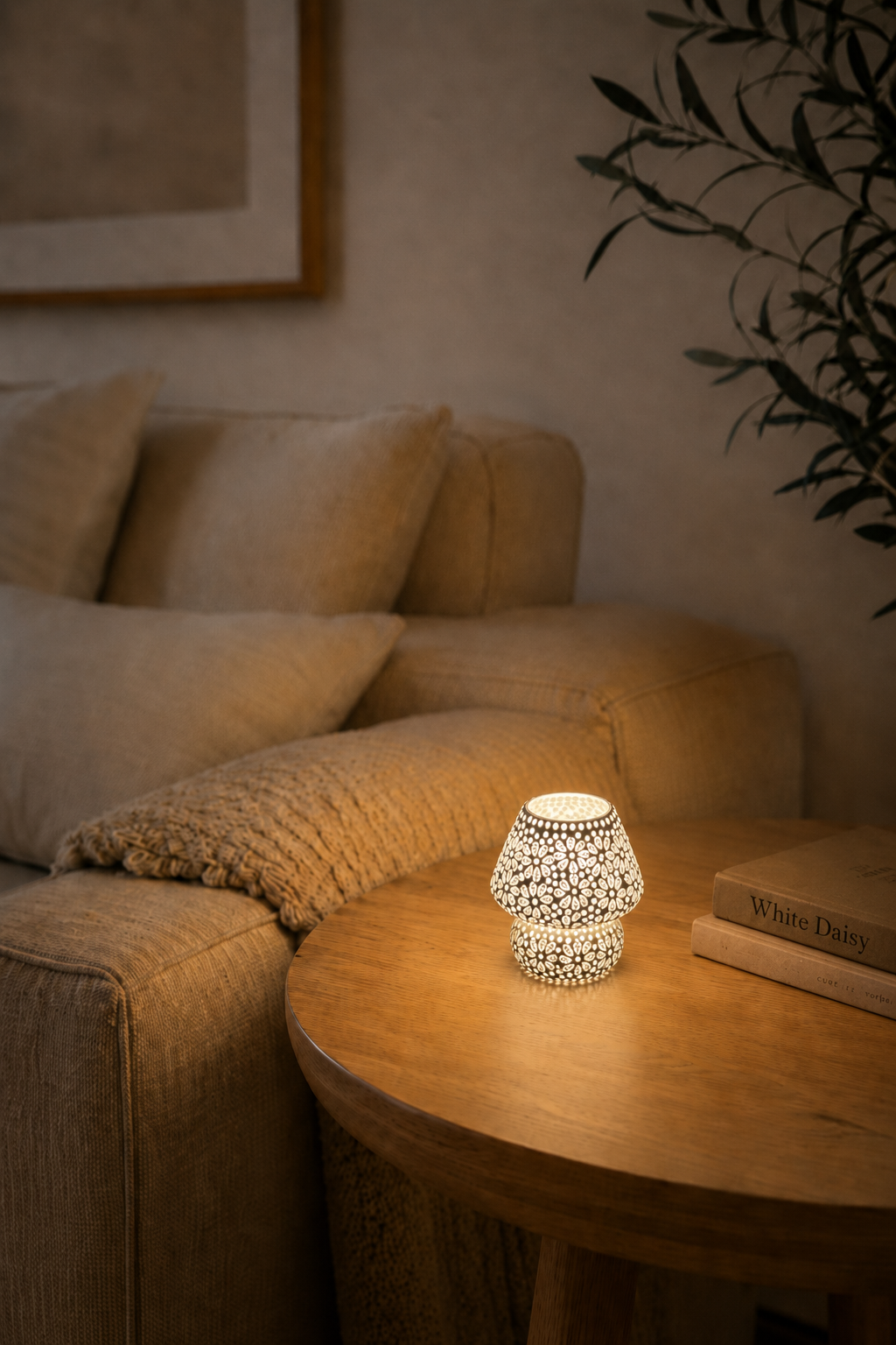 Handgefertigte Glasmosaik-Tischlampe White Daisy – Pilz