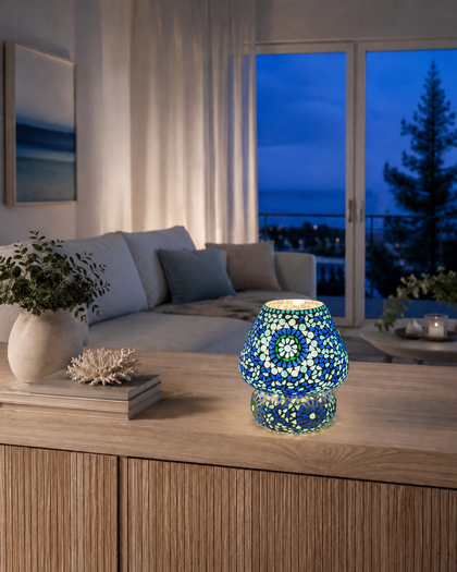 Handgefertigte Glasmosaik-Tischlampe Blue Moon – Pilz