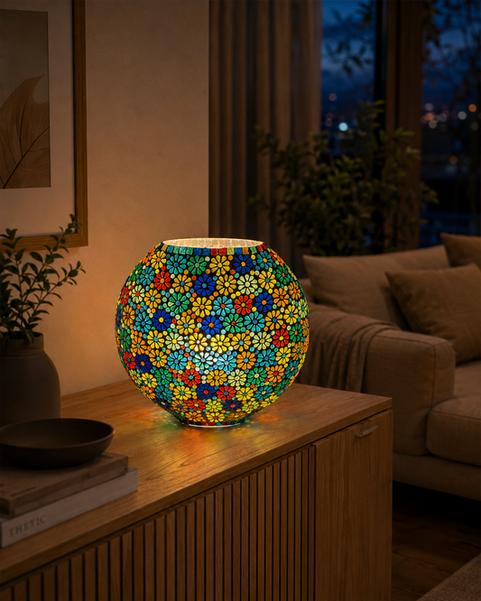 Handgefertigte Glasmosaik-Tischlampe Flower Garden – Oval
