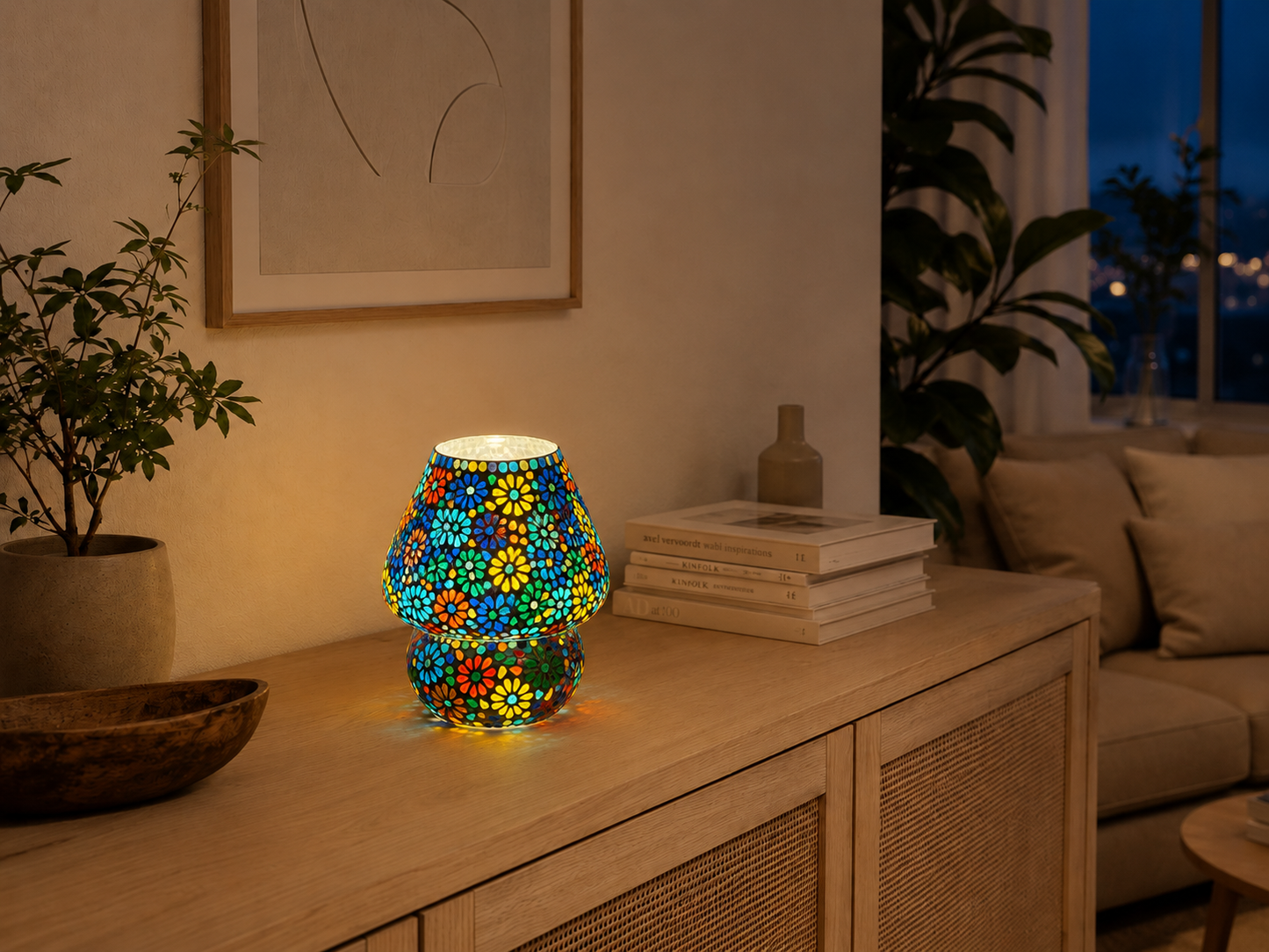 Handgefertigte Glasmosaik-Tischlampe Flower Garden – Pilz