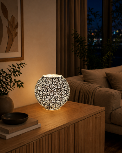 Handgefertigte Glasmosaik-Tischlampe White Daisy – Oval