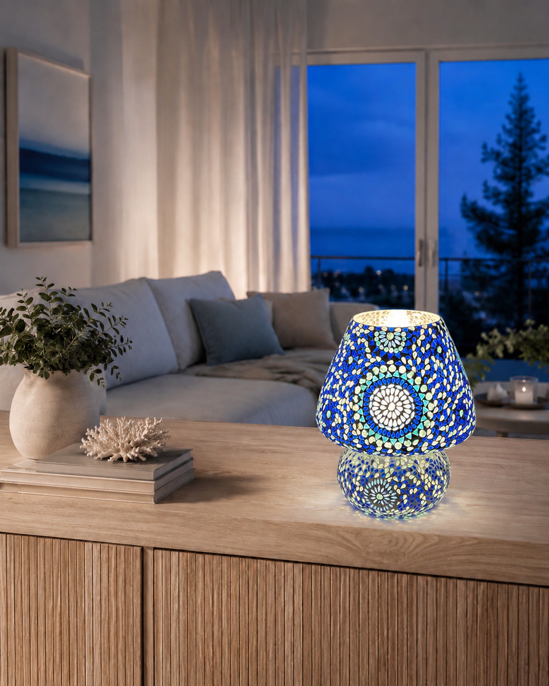 Handgefertigte Glasmosaik-Tischlampe Blue Moon – Pilz