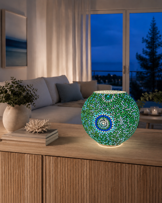 Handgefertigte Glasmosaik-Tischlampe Blue Moon – Oval
