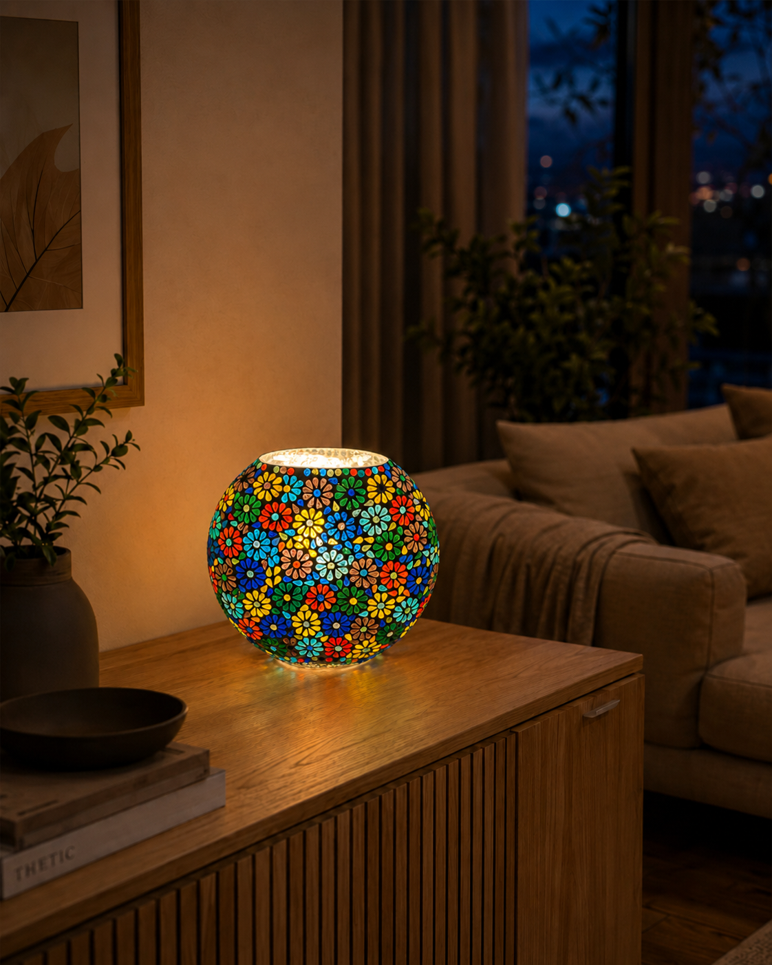 Handgefertigte Glasmosaik-Tischlampe Flower Garden – Oval