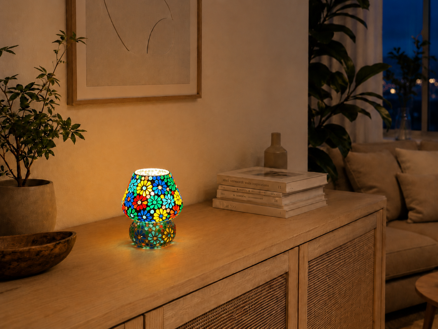 Handgefertigte Glasmosaik-Tischlampe Flower Garden – Pilz