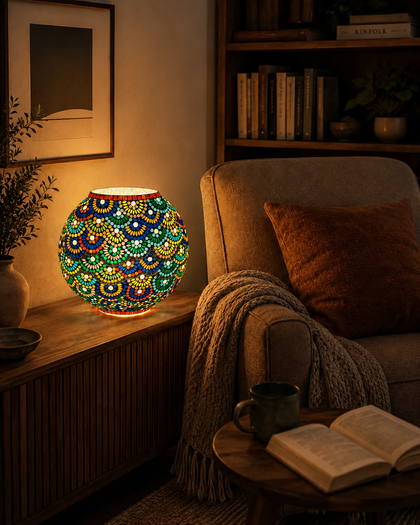 Handgefertigte Glasmosaik-Tischlampe Magic Rings – Oval