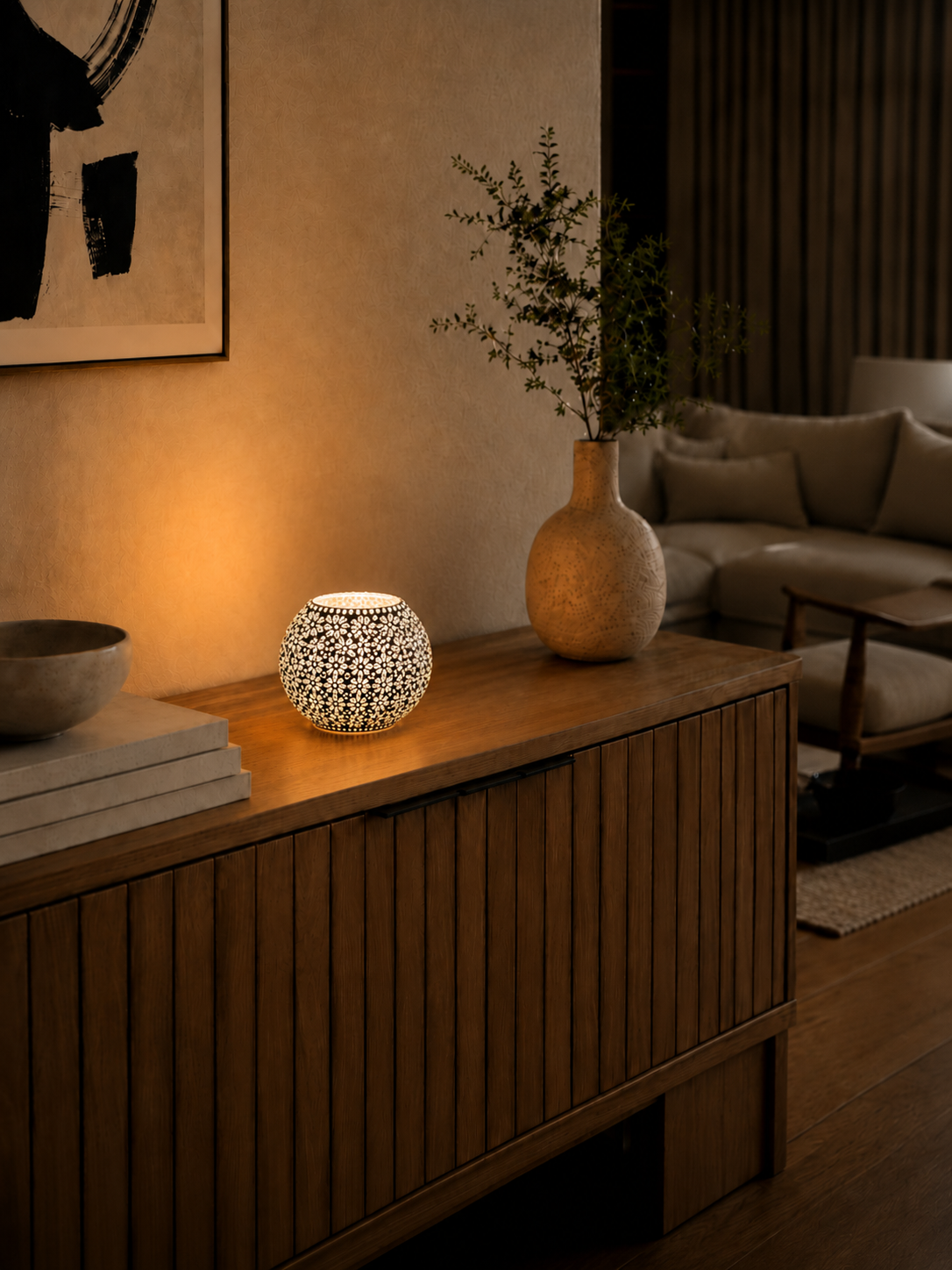 Handgefertigte Glasmosaik-Tischlampe White Daisy – Oval