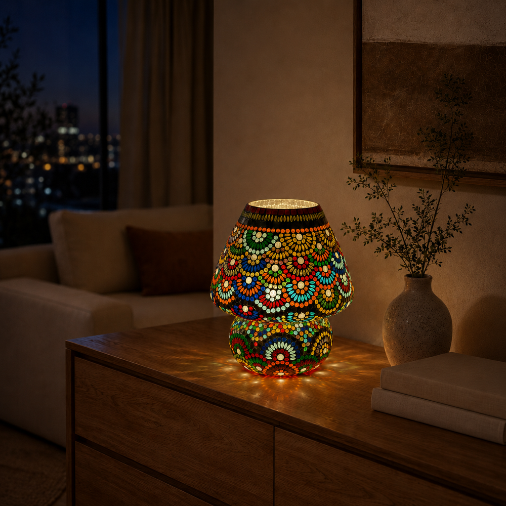 Handgefertigte Glasmosaik-Tischlampe Magic Rings – Pilz