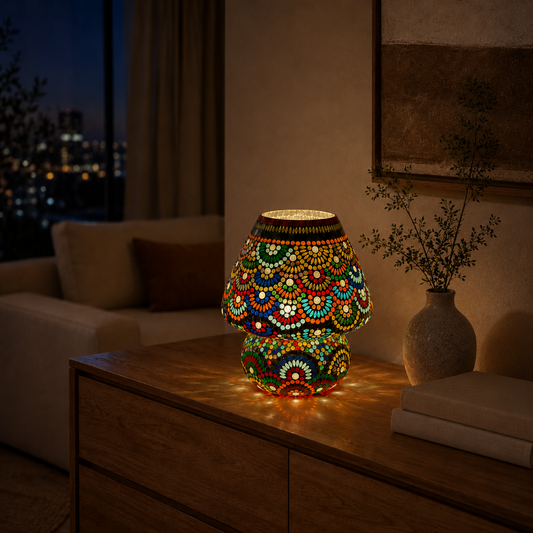 Handgefertigte Glasmosaik-Tischlampe Magic Rings – Pilz