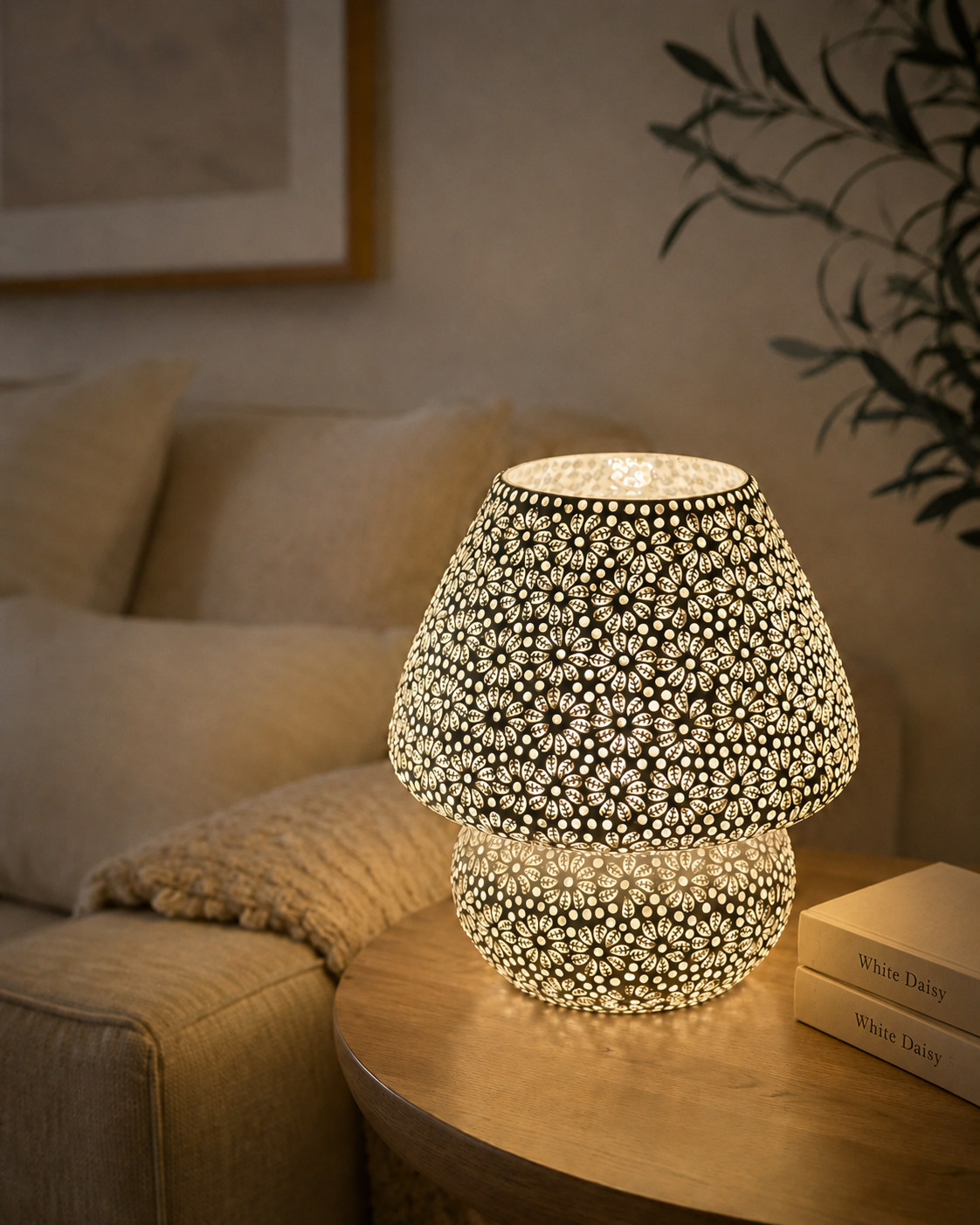 Handgefertigte Glasmosaik-Tischlampe White Daisy – Pilz