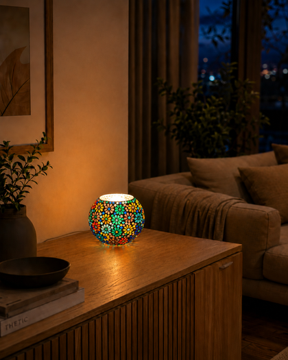 Handgefertigte Glasmosaik-Tischlampe Flower Garden – Oval