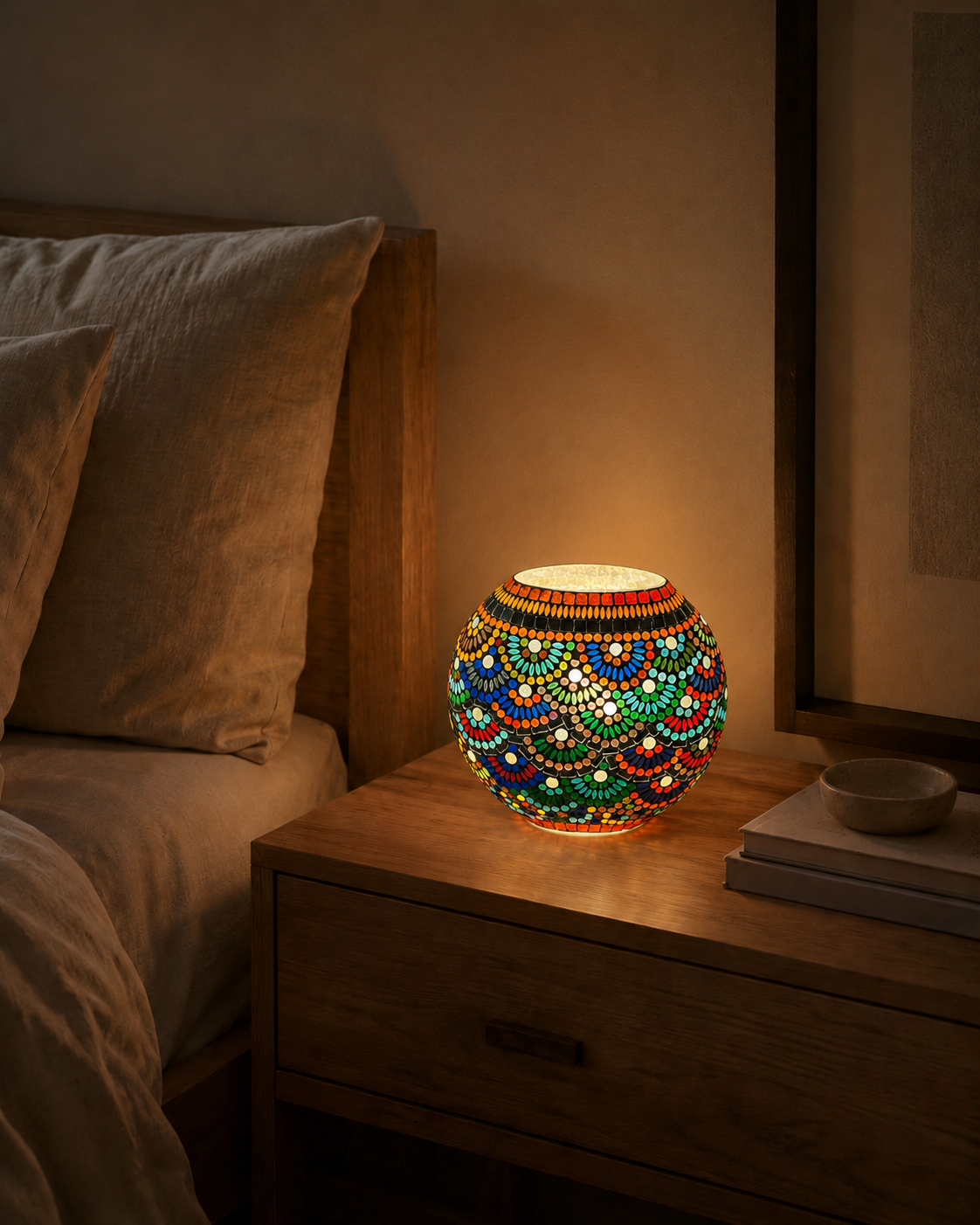 Handgefertigte Glasmosaik-Tischlampe Magic Rings – Oval