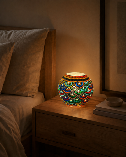 Handgefertigte Glasmosaik-Tischlampe Magic Rings – Oval