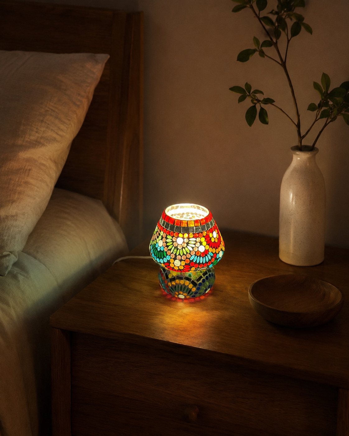 Handgefertigte Glasmosaik-Tischlampe Magic Rings – Pilz