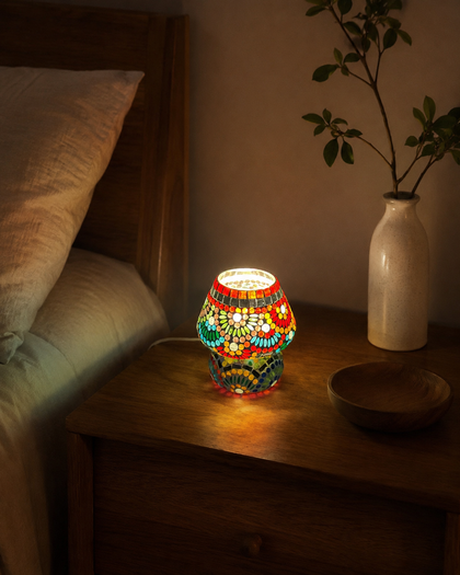 Handgefertigte Glasmosaik-Tischlampe Magic Rings – Pilz