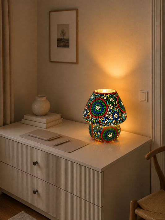 Handgefertigte Glasmosaik-Tischlampe Rainbow – Pilz