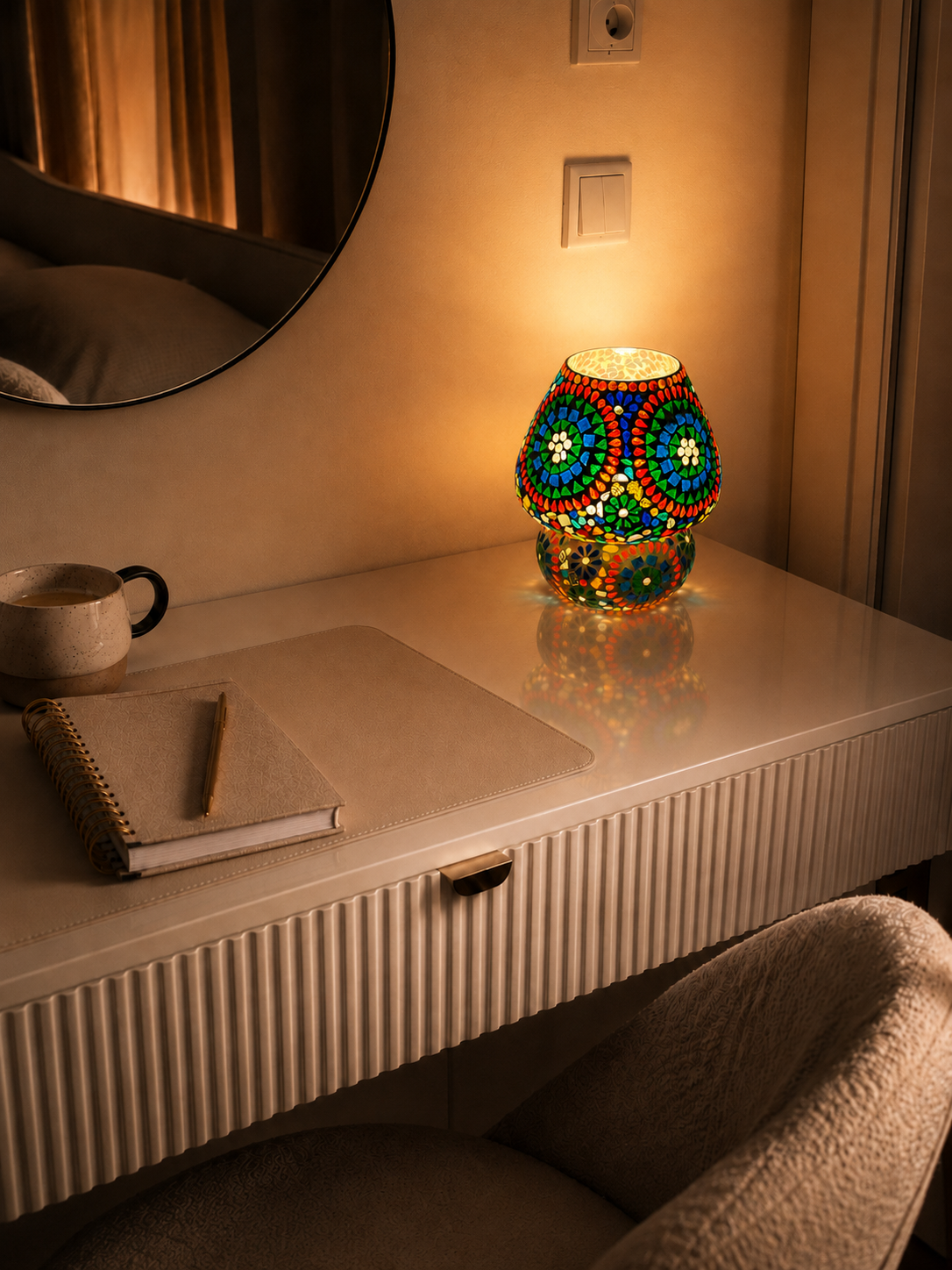 Mittlere handgefertigte Rainbow-Mosaiklampe in Pilzform auf einem Schminktisch mit warmem Licht.