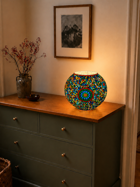 Handgefertigte Glasmosaik-Tischlampe Rainbow – Oval