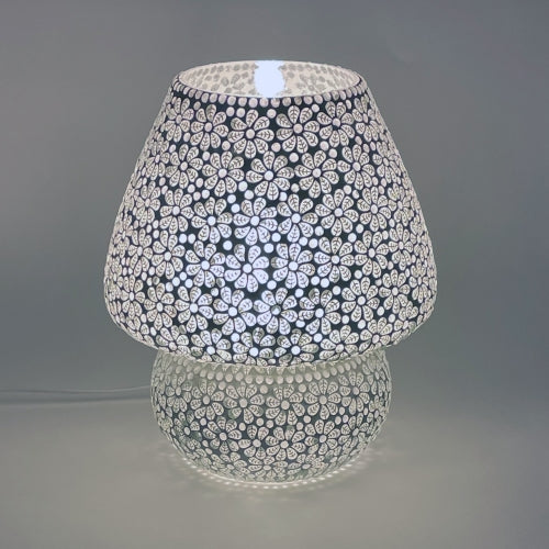 Handgefertigte Glasmosaik-Tischlampe „White Daisy“ – Pilzform, E27-Fassung