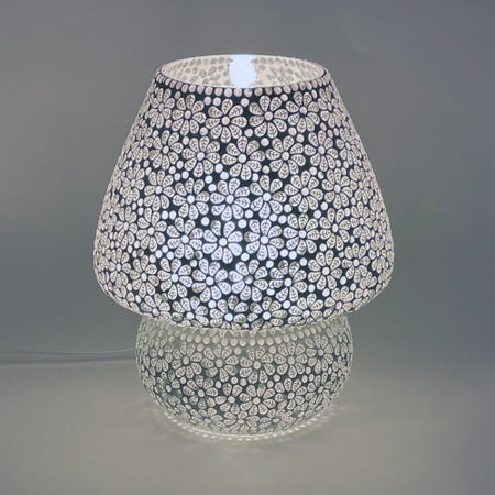 Handgefertigte Glasmosaik-Tischlampe „White Daisy“ – Pilzform, E27-Fassung