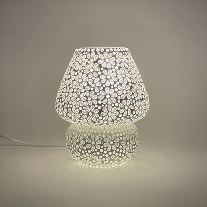 Handgefertigte Glasmosaik-Tischlampe „White Daisy“ – Pilz