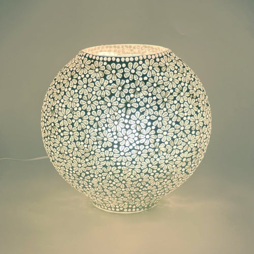 Handgefertigte Glasmosaik-Tischlampe „White Daisy“ – Ovalform, E27-Fassung